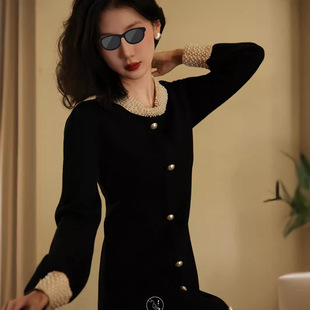 鹭青一【遗珠】黑色连衣裙女春秋新款重工法式小黑裙复古针织长裙