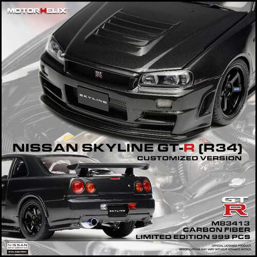 [程逸预售]Motorhelix MH 1:18 尼桑 SKYLINE GTR R34黑碳 车模