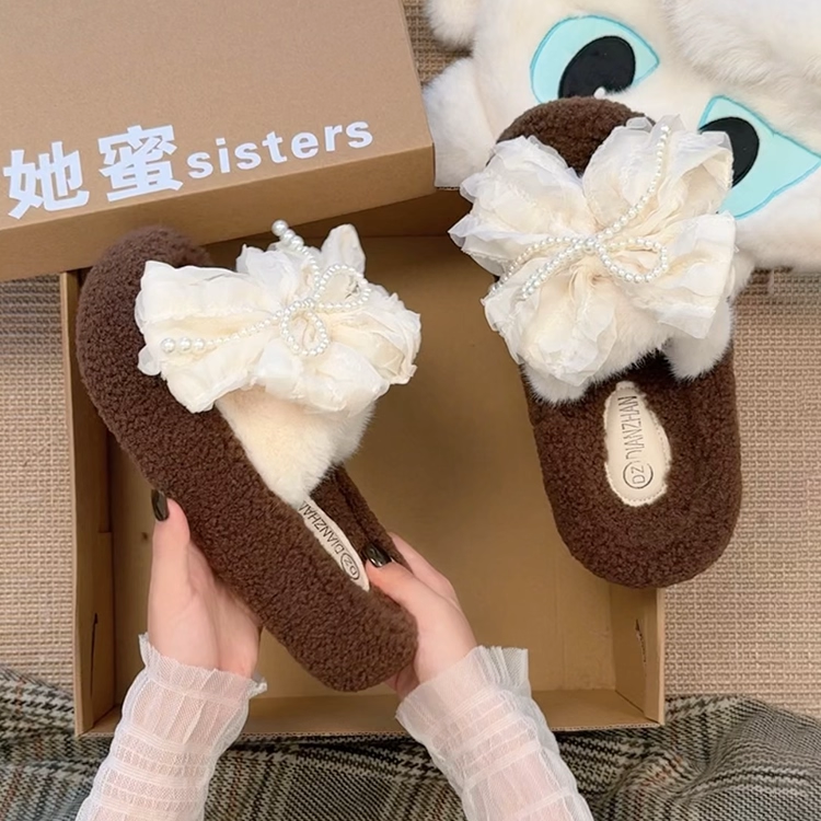 一字拖女外穿2025新款秋冬蝴蝶结珍珠毛毛拖鞋毛绒保暖厚底棉拖鞋