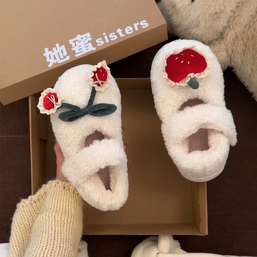 保暖可爱卡通苹果毛毛鞋女2025秋冬季新款厚底外穿加绒包跟棉拖鞋