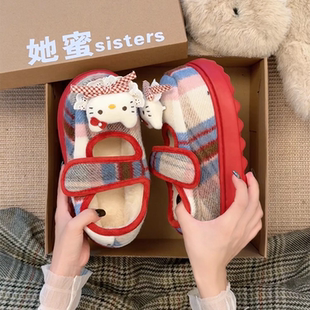 可爱凯蒂猫棉拖鞋女外穿2025冬新款厚底毛绒防滑保暖毛毛鞋雪地靴