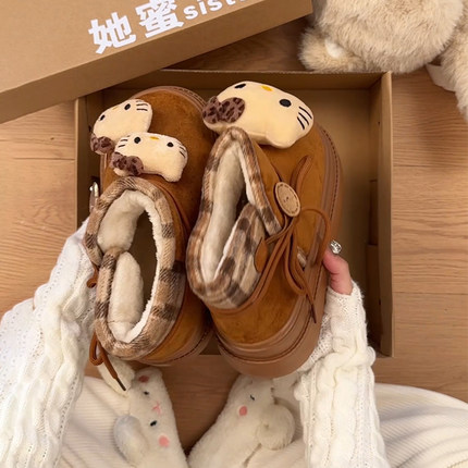 可爱hellokitty厚底雪地靴女外穿2025新款加绒保暖一脚蹬包头棉鞋