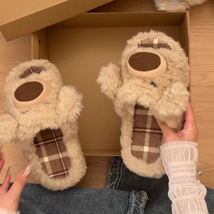 软萌毛绒小熊棉拖鞋女2025冬新款外穿厚底保暖加绒一字拖毛毛拖鞋
