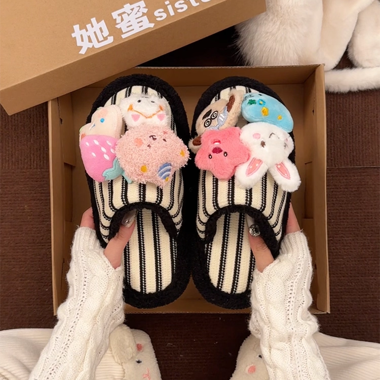 可爱卡通条纹2025冬季新款包头拖女少女心小熊毛绒居家百搭棉拖鞋