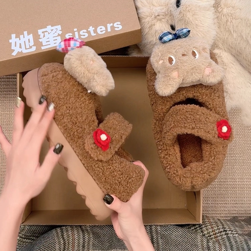 雪地靴女外穿2025新款冬季小熊面包可爱厚底加绒保暖卡通防滑棉鞋