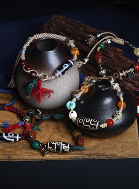 手工编织包浆虎牙天珠手链手编女款饰品民族风文玩手串编绳