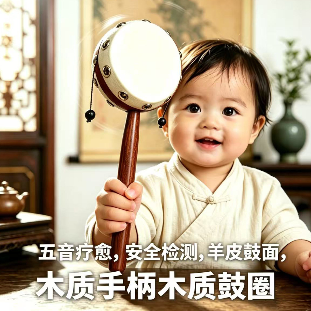 羊皮木质拨浪鼓婴幼儿早教玩具