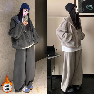 慵懒风休闲运动套装女冬季oversize韩版加绒连帽卫衣阔腿裤两件套