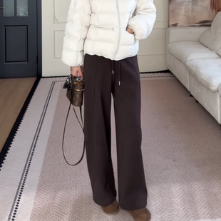 栗色加绒抽绳松紧腰拼接显瘦休闲卫裤女冬季新款时尚百搭阔腿裤子