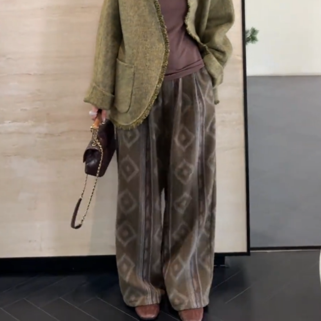 复古设计感菱格纹毛呢休闲裤子女