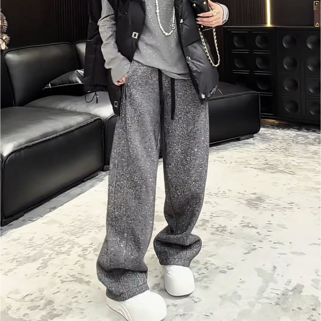 欧货亮闪闪灰色加绒厚实休闲卫裤