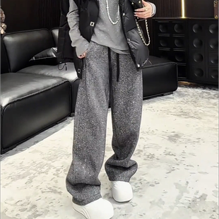 欧货亮闪闪灰色加绒厚实休闲卫裤女冬季新款时尚宽松显瘦阔腿长裤