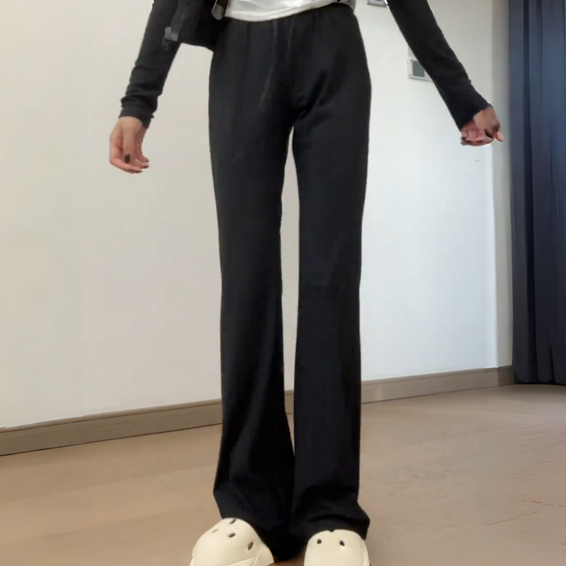 松紧腰显瘦修身抽绳微喇马蹄裤女2026春夏新款百搭垂感直筒休闲裤,女装/女士精品,大码裤装,淘宝优惠券,粉丝福利购,淘宝优惠卷