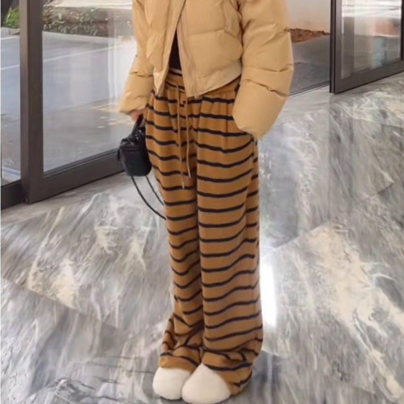 轻奢淑女风橙黑条纹加绒阔腿卫裤