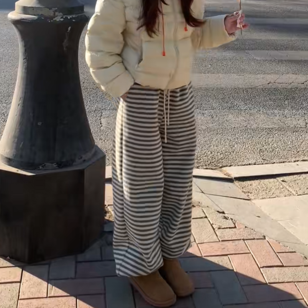 黑白条纹厚实加绒抽绳松紧腰束脚卫裤女冬季时尚百搭显瘦休闲裤子,女装/女士精品,大码裤装,淘宝优惠券,粉丝福利购,淘宝优惠卷