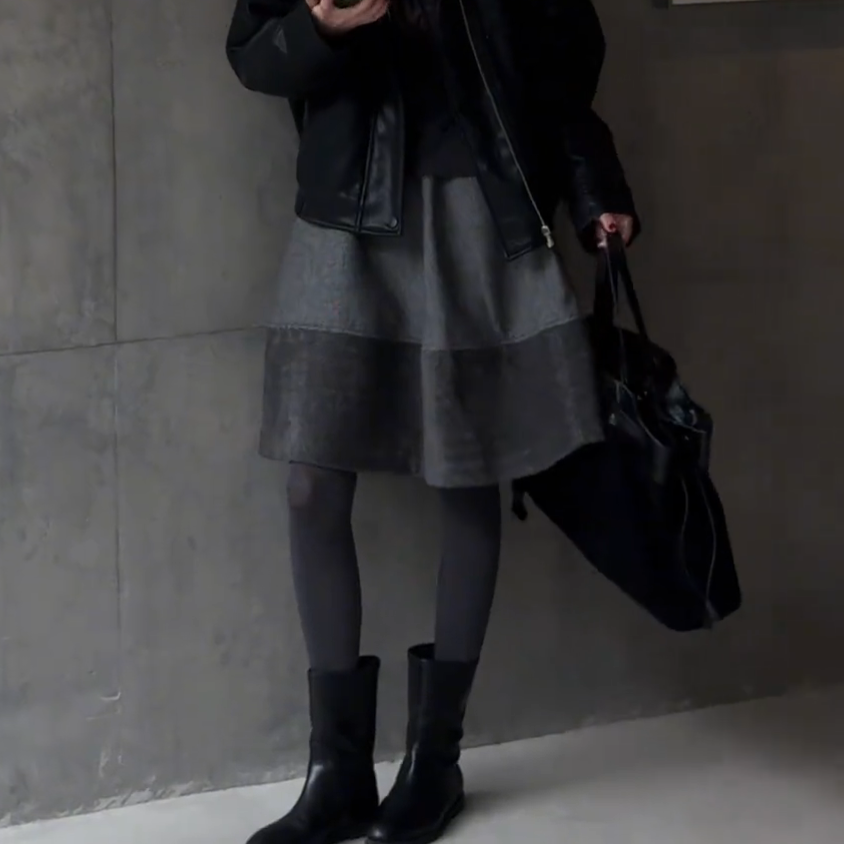 高级感深灰色拼接设计毛呢半身裙