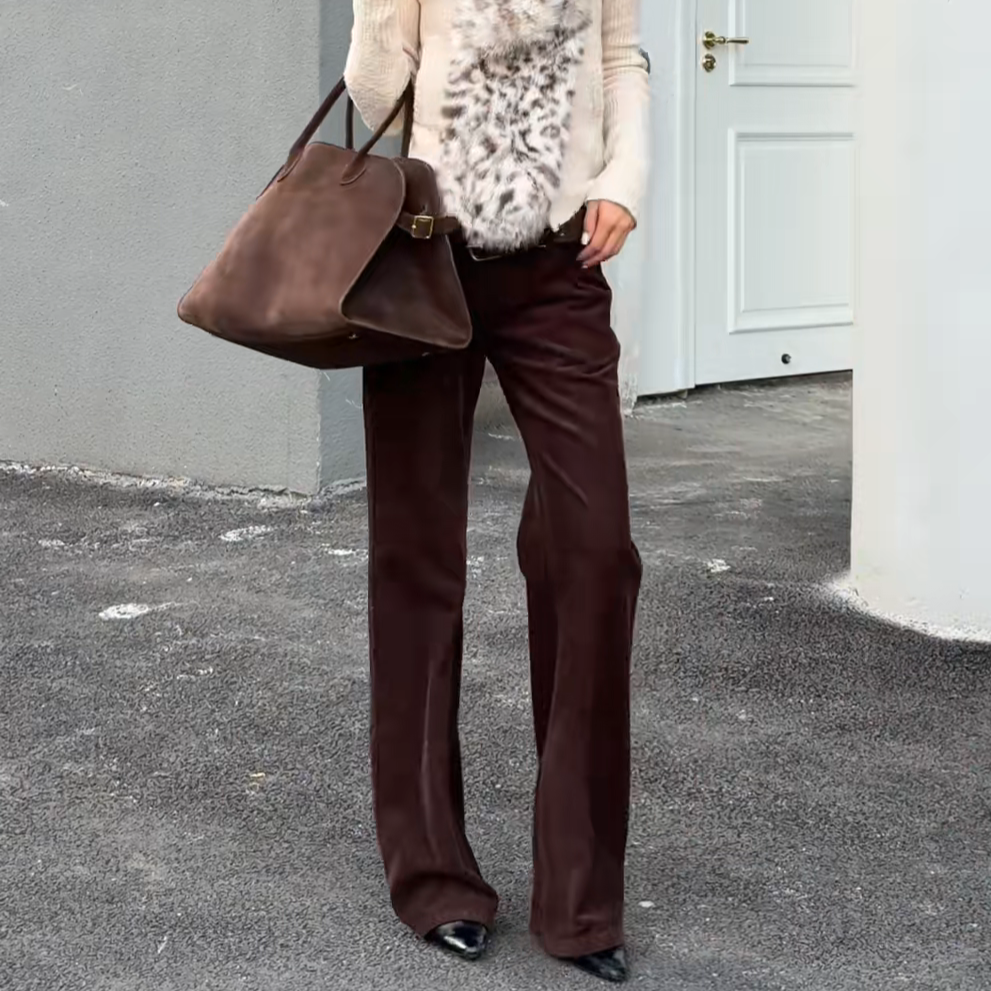 老钱风咖色厚实灯芯绒窄版直筒裤