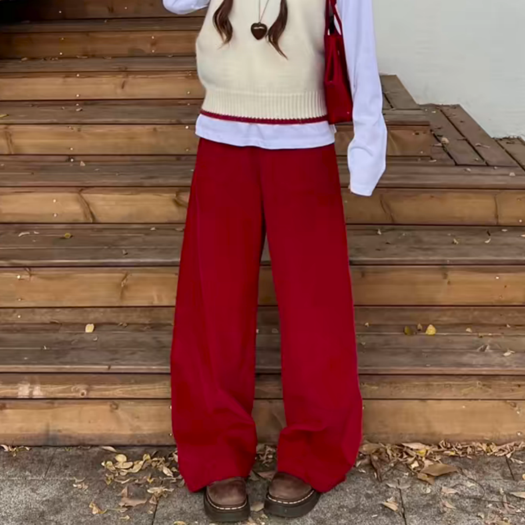 酒红色高级感口袋设计阔腿裤女冬季时尚百搭高腰显瘦垂坠感休闲裤,女装/女士精品,大码裤装,淘宝优惠券,粉丝福利购,淘宝优惠卷