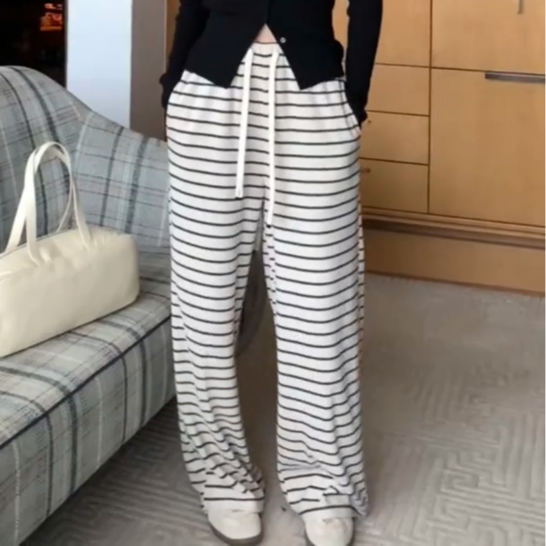 韩系风条纹抽绳松紧腰显瘦直筒卫裤女春夏百搭舒适软糯垂感休闲裤,女装/女士精品,大码裤装,淘宝优惠券,粉丝福利购,淘宝优惠卷