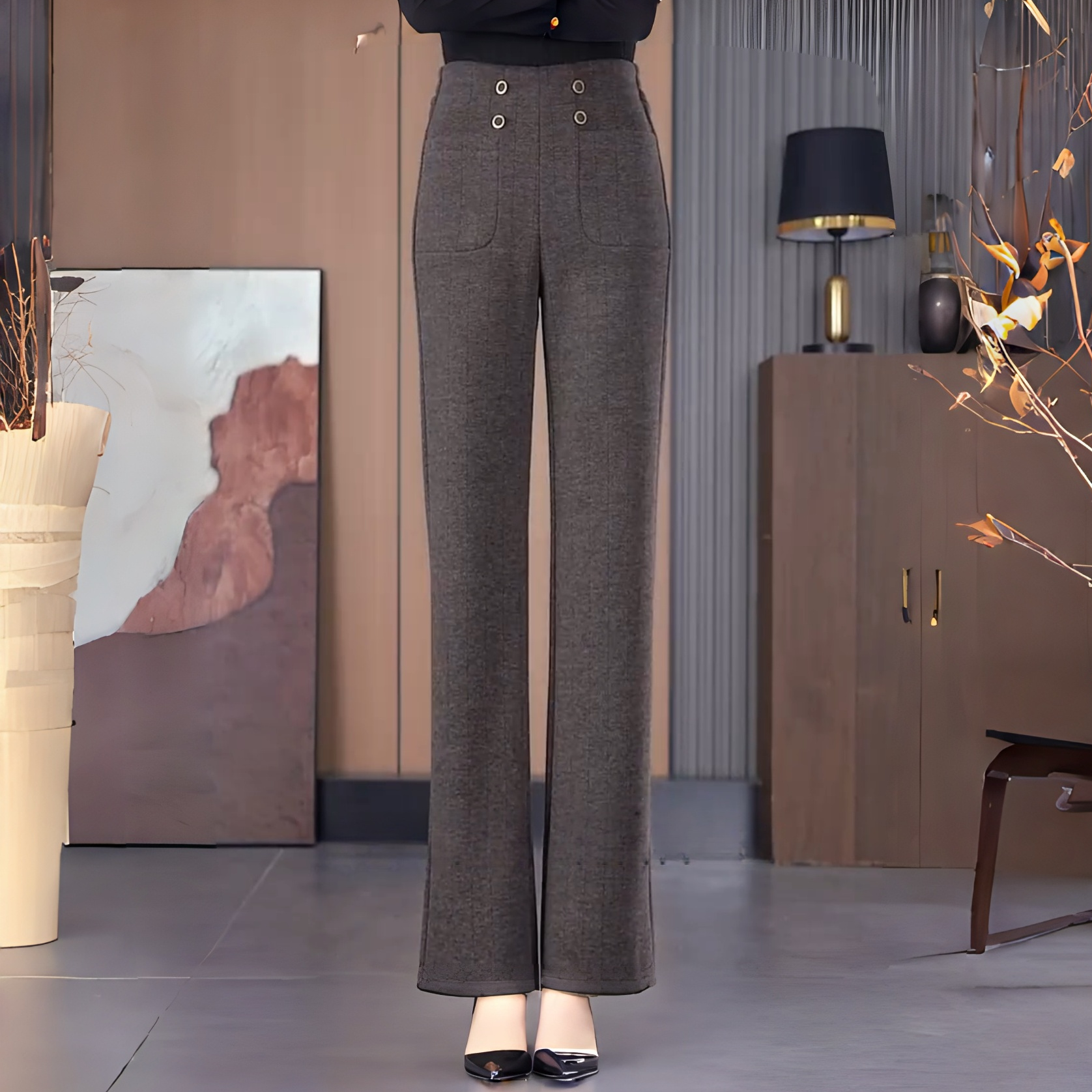 老钱风纯色羊毛呢厚实微喇卫裤