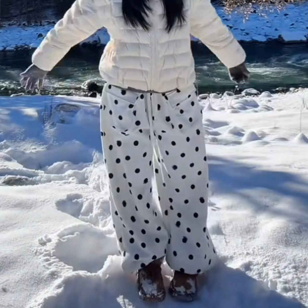 波点大口袋加绒厚实抽绳阔腿卫裤