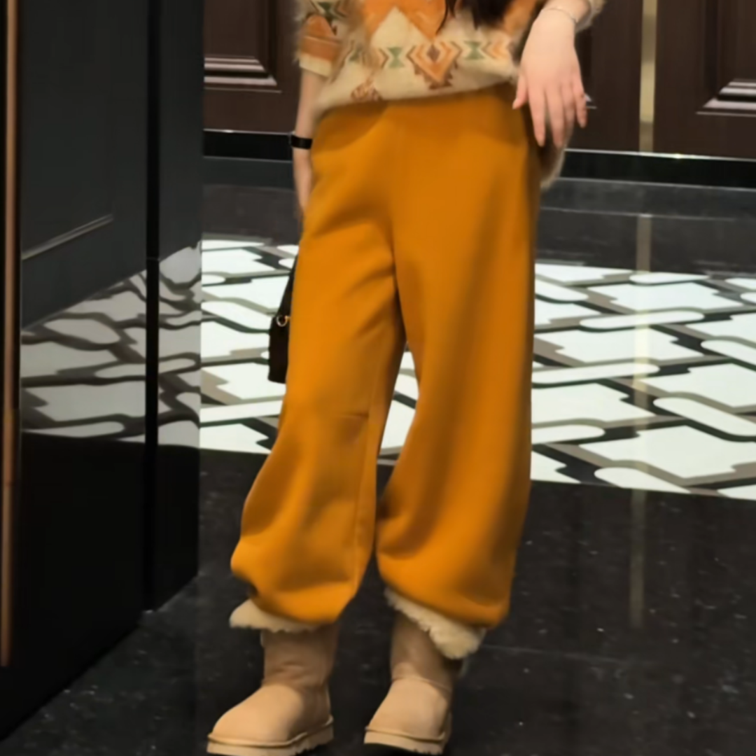 南瓜色加绒松紧腰休闲直筒卫裤女