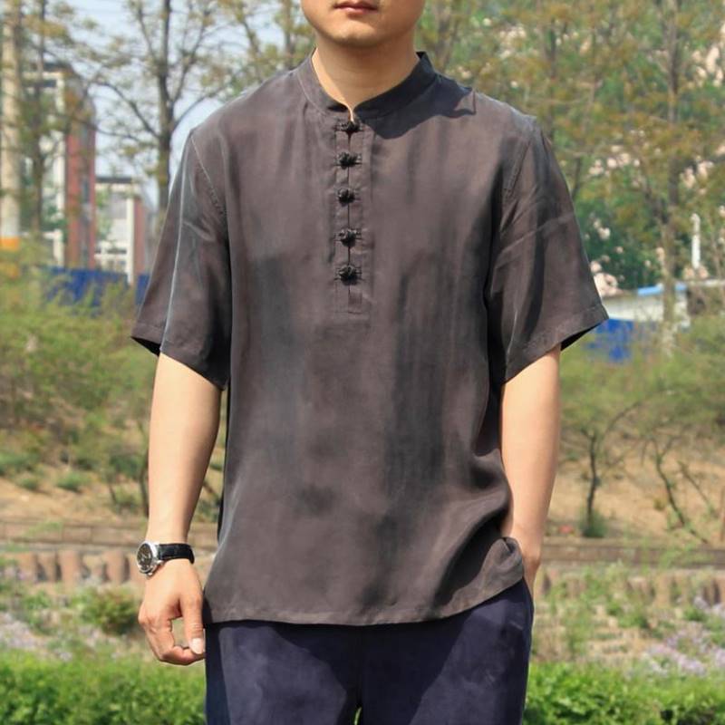 中式男式丝绸缎半袖上衣t大码真丝唐装复古宽松铜氨丝短袖T恤衫男|ruв категории Мужская одежда, национальная одежда - от Buy2taobao.com для оказания профессиональной услуги покупки агента Taobao