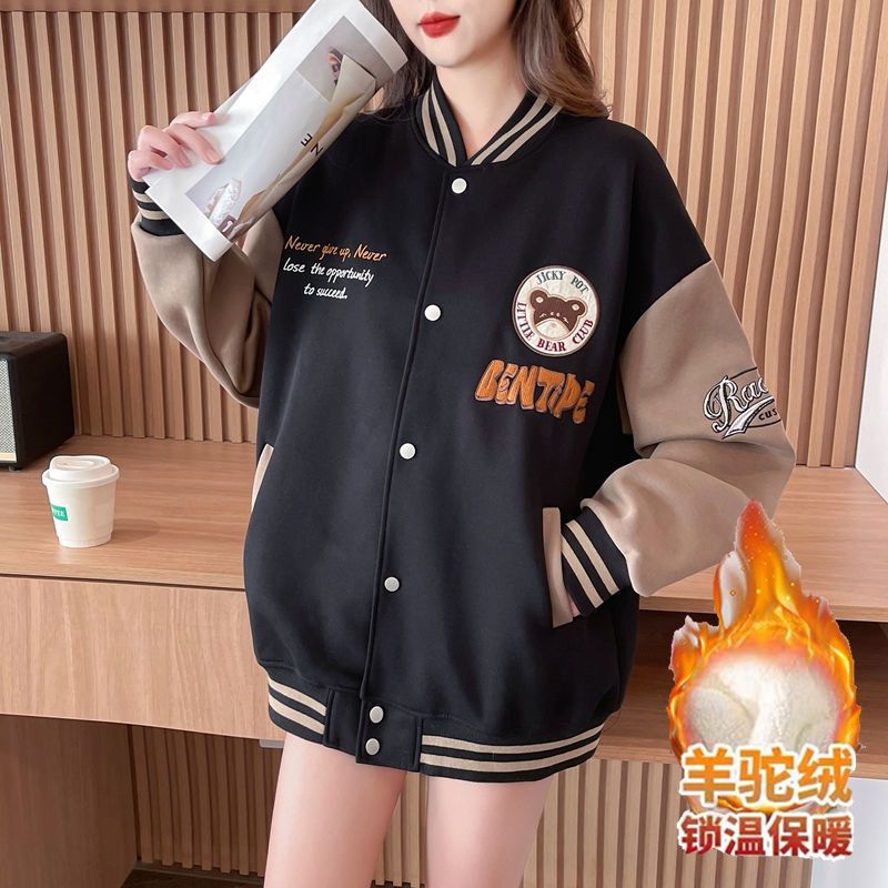 女童卫衣秋冬加绒新款卡通刺绣连帽格纹女中大童百搭潮款休闲外套