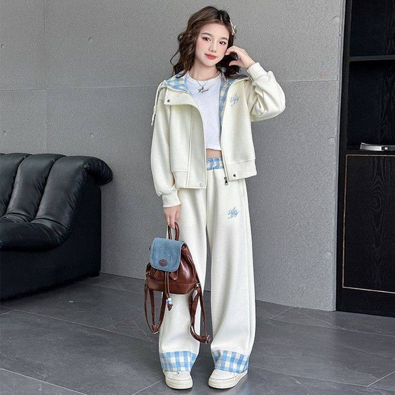 女童学院风运动套装冬装学生宽松显瘦格子拼接连帽休闲卫衣两件套