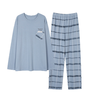 猫人纯棉睡衣男春秋季新款长袖圆领套装全棉大码可外穿家居服男款