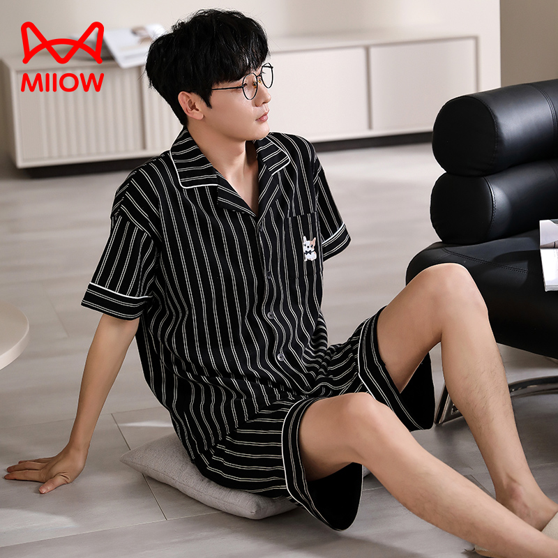 猫人睡衣男士夏天纯棉短袖开衫家居服春夏季节薄款全棉可外穿套装