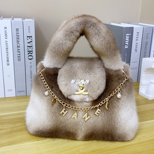 小香风凯莉包进口水貂毛整皮欧美小众大牌风手提包休闲女logo软包