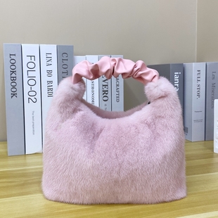 吐司包褶皱手柄进口水貂毛整皮草包包单肩斜挎日韩ins明星同款