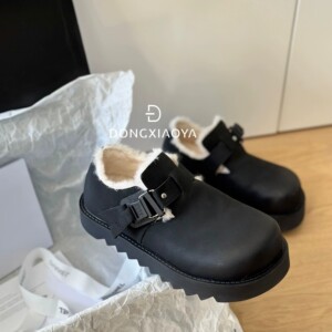 厚底加绒勃肯鞋女秋冬一脚蹬懒人真皮保暖乐福棉鞋毛毛增高单鞋女