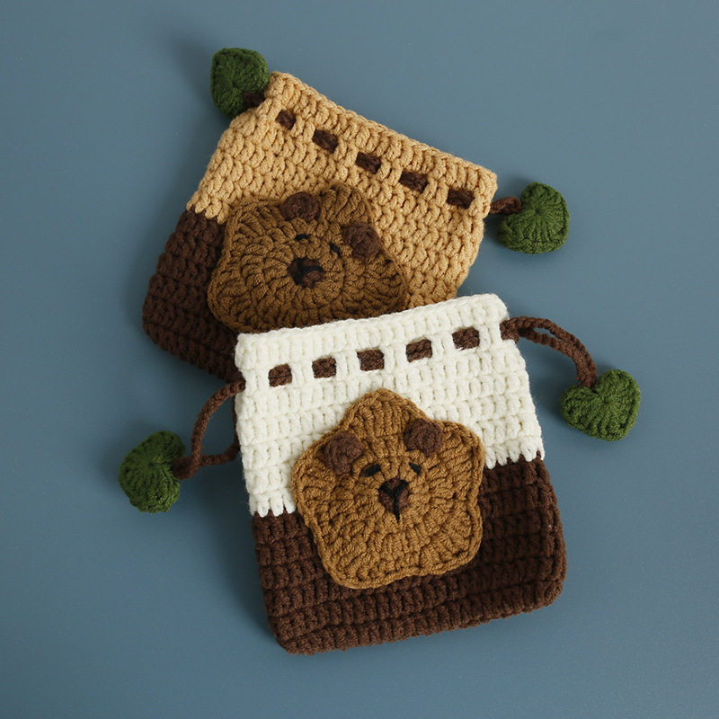 超萌卡通手工编织束口袋毛线钩织星星卡皮抽绳零钱包耳机可爱小包