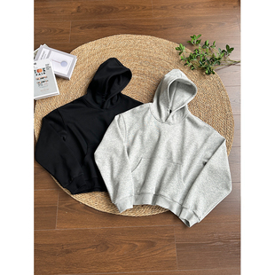 休闲百搭基础纯色厚上衣秋冬男 型加绒连帽口粮卫衣 ALLFIT 短宽版