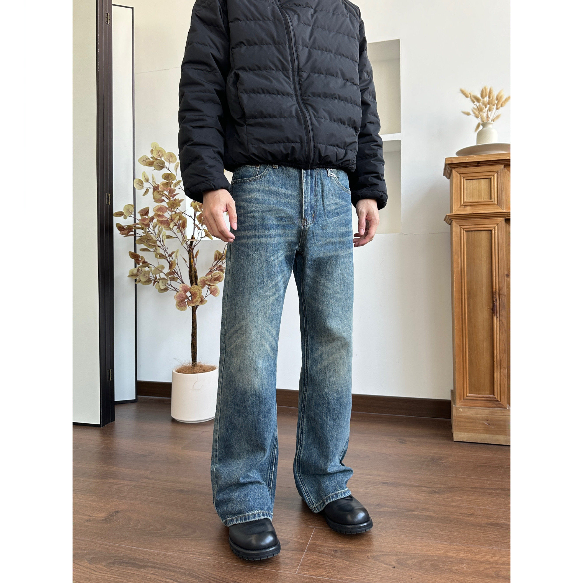 ALLFIT 直筒微喇叭软牛仔裤水洗复古美式做旧磨破Cleanfit长裤男