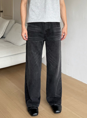 ALLFIT 黑灰宽松直筒水洗13oz软牛仔裤竹节纹四季百搭休闲长裤男