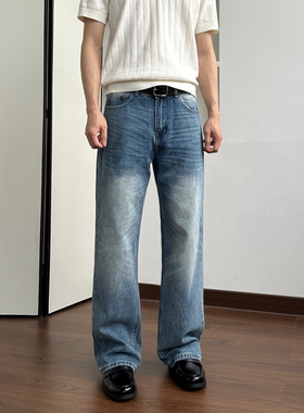 ALLFIT 宽松直筒牛仔裤 水洗宝蓝色复古猫须磨破显高百搭长裤男