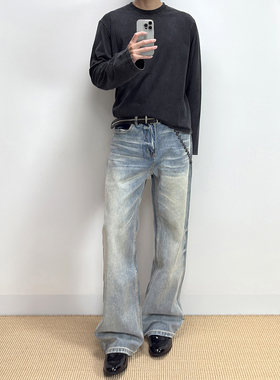 ALLFIT“2021M”冰川蓝牛13oz不规则猫须直筒微喇水洗牛仔裤男