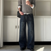 ALLFIT 子男 型休闲百搭水洗长裤 复古深蓝做旧牛仔裤 A字宽松直筒版