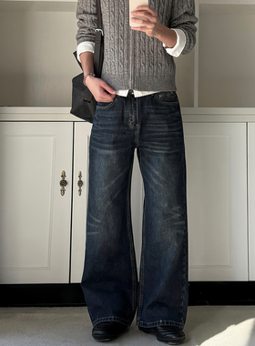 ALLFIT 复古深蓝做旧牛仔裤A字宽松直筒版型休闲百搭水洗长裤子男