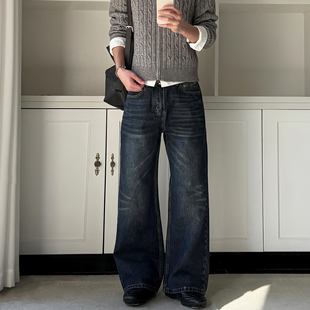 ALLFIT 复古深蓝做旧牛仔裤A字宽松直筒版型休闲百搭水洗长裤子男
