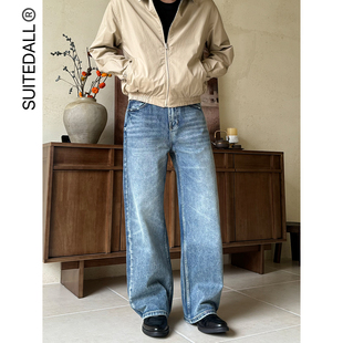 SUITEDALL烟灰蓝宽松直筒牛仔裤 13oz简约猫须裂纹水洗百搭长裤