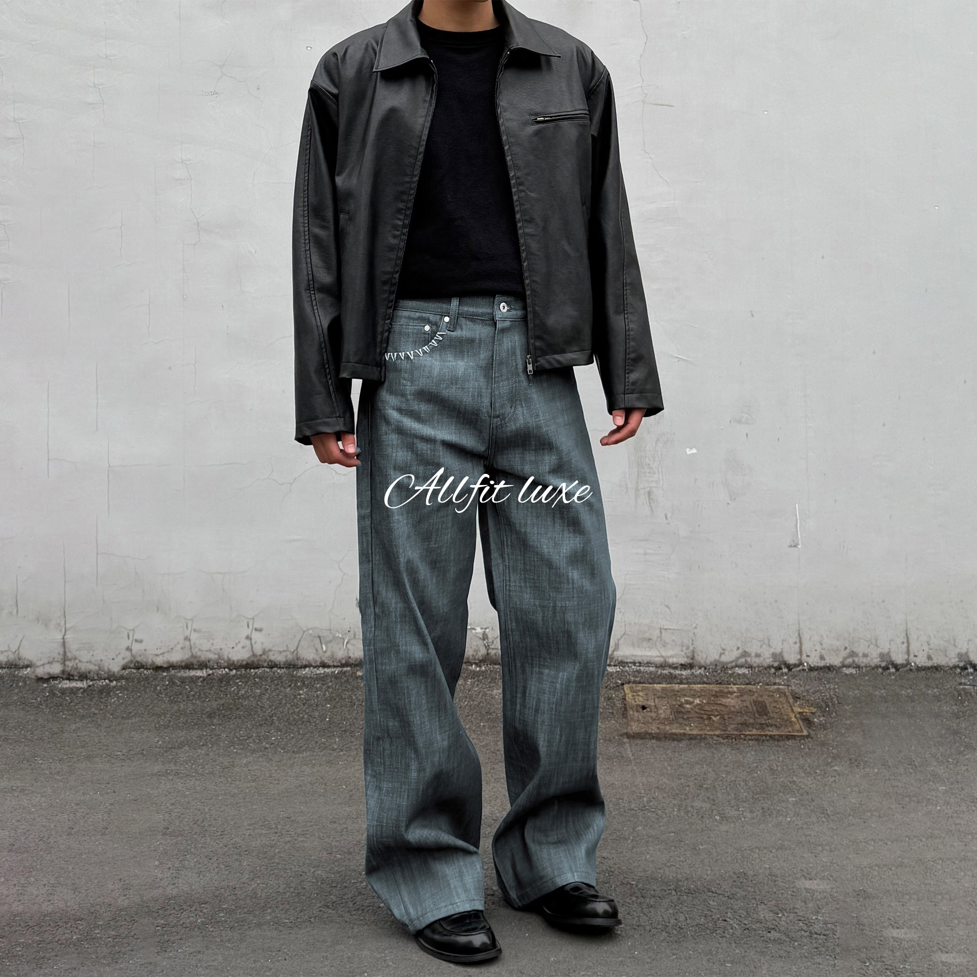 ALLFIT高端线LP湖水绿手缝针13oz未脱浆定织定染宽松直筒原牛仔裤