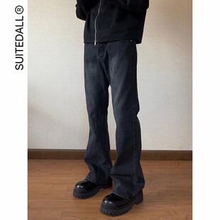 高街vibe风小个子显高长裤 美式 四季 Cleanfit水洗黑灰微喇叭牛仔裤