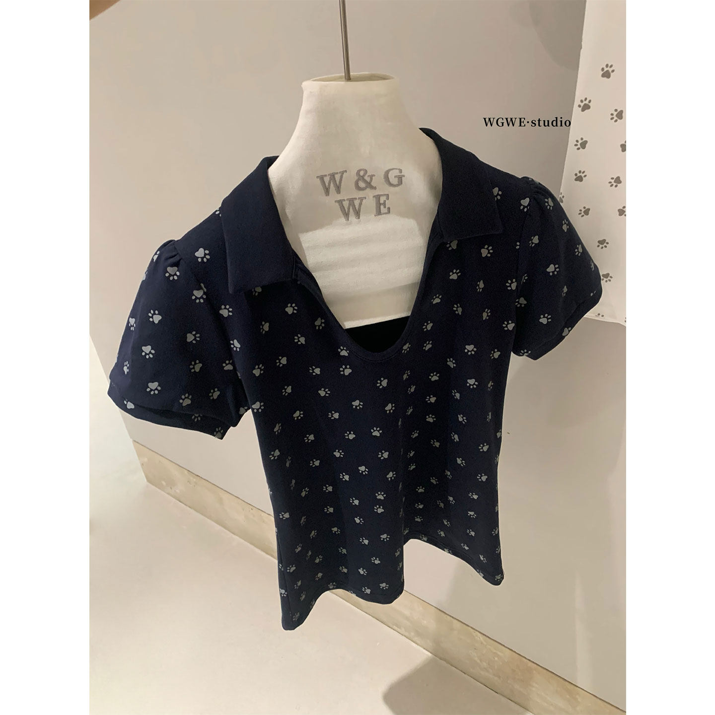 翻领设计感泡泡袖短袖T恤女夏季