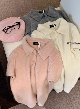 韩系甜美减龄糯叽叽Polo领针织衫女秋冬叠穿绝美气质翻领短袖毛衣