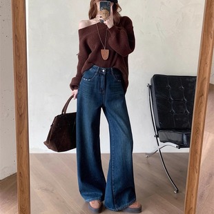 女高腰显瘦刺绣直筒长裤 版 子秋冬加绒加厚阔腿牛仔裤 裤 型超好看