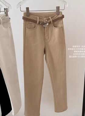 经典老钱风九分烟筒裤白色牛仔裤女秋冬加绒修身休闲厚卡其长裤子